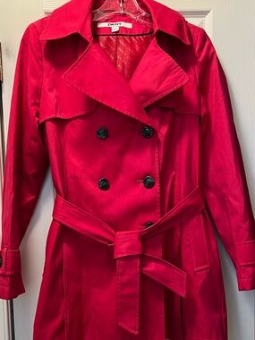 DKNY Petite’s Deep Pink Double-Breasted Trench Coat with Waist Tie Size PS
